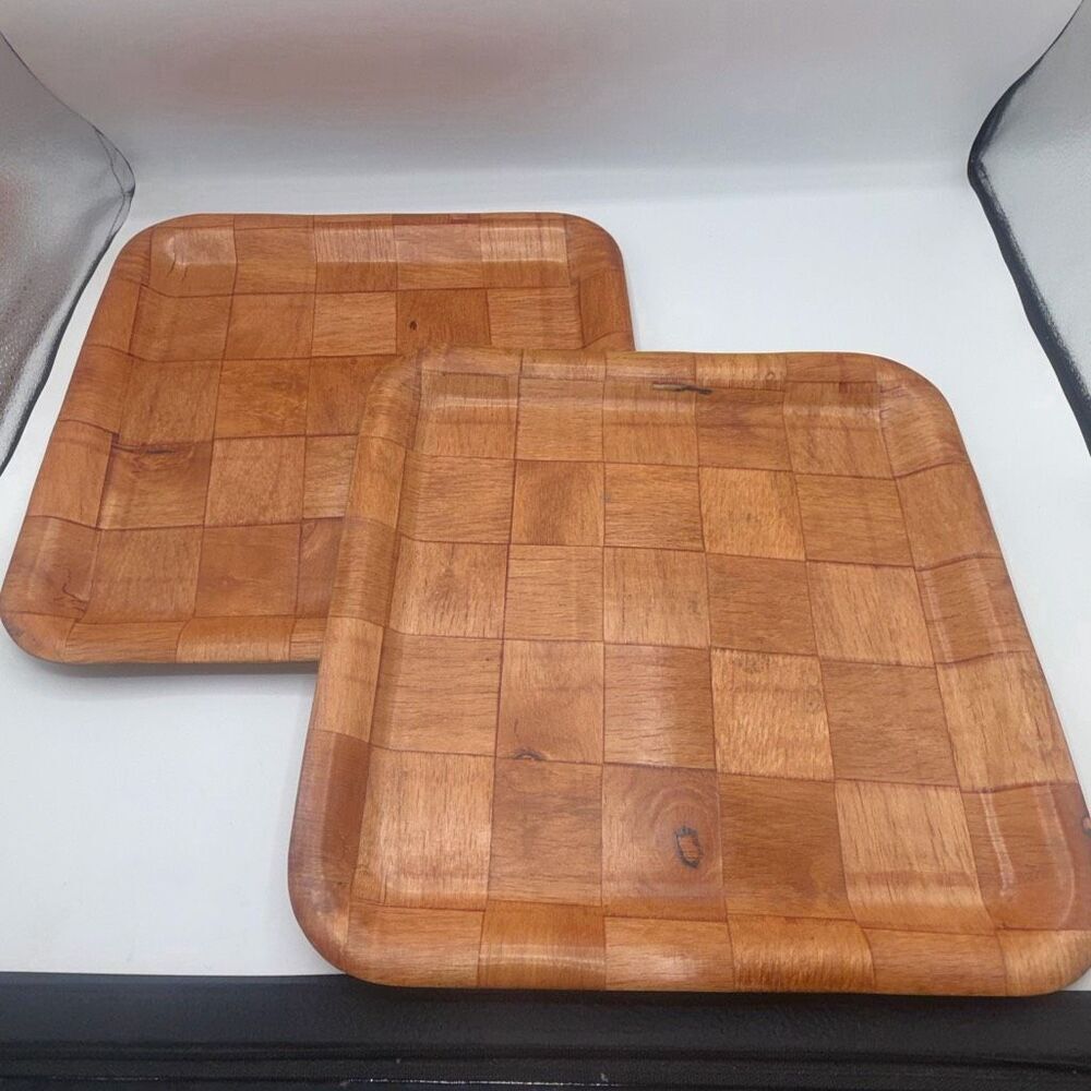 VINTAGE MCM Westwood Checkered Wooden 13”x 13” Trays-Set of 2
